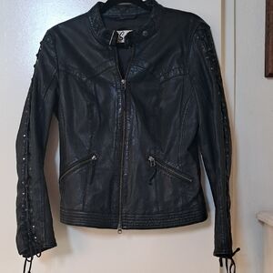 Chic Black Leather Jacket with Lace-Up Sleeves